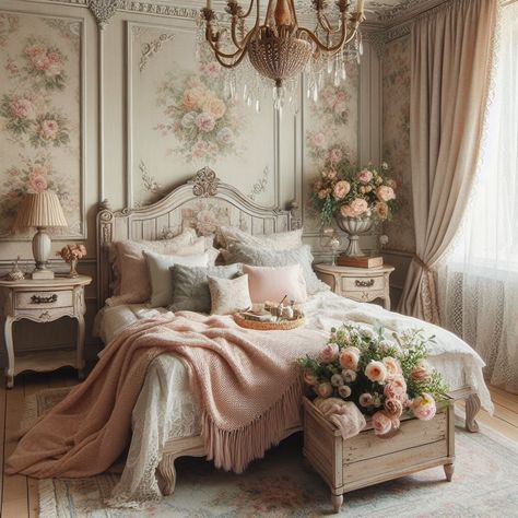 Shabby Bedroom Ideas, Grandmacore House Bedroom, Aesthetic Vintage Room Ideas, French Romantic Bedroom, French Classic Bedroom, Victorian Rooms Bedrooms, Cozy Feminine Bedroom, Elegant Bedroom Ideas Classy, Vintage Floral Bedroom