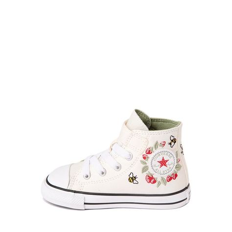 Converse Chuck Taylor All Star 1V Hi Berries And Bees Sneaker - Baby / Toddler - Natural | JourneysCanada Chuck Taylor Shoes, Toddler Converse, Shoe Size Chart Kids, Crochet Baby Boots, Baby Converse, Girls Dress Shoes, Baby Boots, Star Sneakers, Baby Sneakers