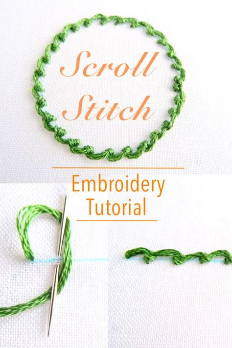 Scroll Stitch Embroidery, Scroll Stitch, Basic Hand Embroidery Stitches, Embroidery Lessons, Basic Embroidery Stitches, Hand Embroidery Tutorial, Embroidery Stitches Tutorial, Embroidery Stitch, Hand Embroidery Projects