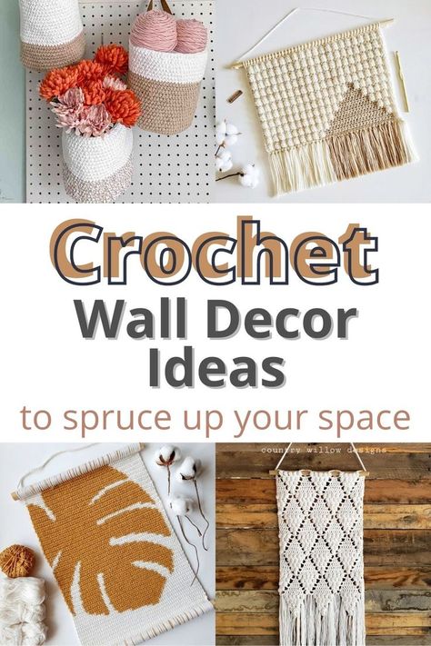 graphic featuring different crochet wall hangings with text reading "crochet wall decor ideas to spruce up your space" Crochet Room Decor, Crochet Room, Knitted Pillows, Crochet Wall Decor, Crochet Wall Art, Crochet Wall Hanging, Crochet Wall Hangings, Yarn Wall, Crochet Decor