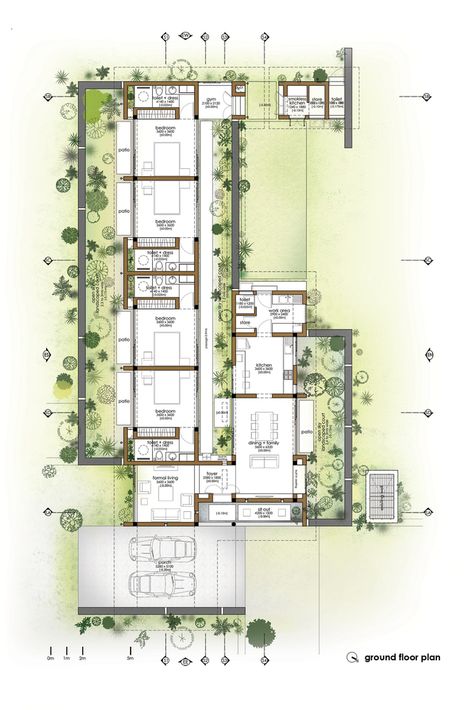 Gallery of The Walls and Vaults House / LIJO.RENY.architects - 35 Linear House Plans, Courtyard House Plans, Kerala House Design, Architectural Floor Plans, Narrow House, Ground Floor Plan, Courtyard House, Small House Plans, Architecture Plan