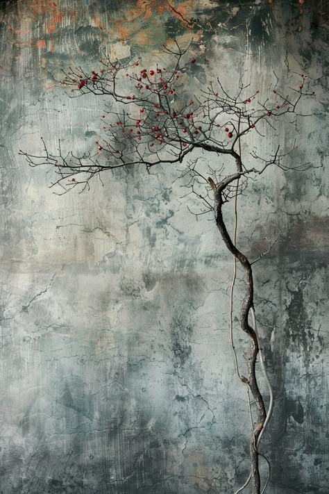 A bare branch with red berries against a rustic, textured wall embodies Wabi Sabi design, emphasizing beauty in imperfection and simplicity. Dark Wabi Sabi, Wabi Sabi Wallpaper, Wabi Sabi Wall Decor, Oc Building, Wabi Sabi Art Painting, Wabi Sabi Home Decor, Wabi Sabi Home, Home Paintings, Wabi Sabi Painting