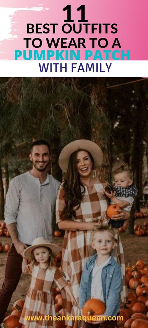 A young white family pose together on a pumpkin patch. The mom and daughter wear matching plaid dresses while the husband and 2 boys wear casual shirts and pants. Pumpkin Patch Outfit Plus Size, Pumpkin Patch Outfit Ideas, Serious Outfit, Patch Outfit, 1920s Women, Pumpkin Patch Outfit, Pumpkin Patches, How To Mix, Fall Activities