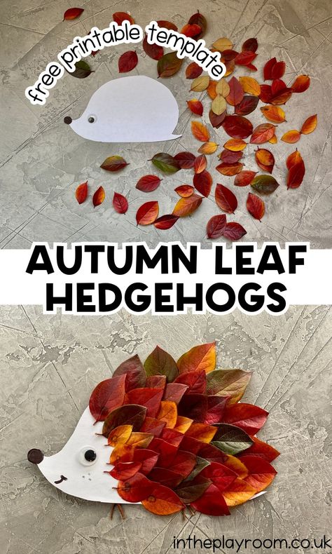 Fall Leaf Hedgehog With Printable Template - In The Playroom Hedgehog Template Free Printable, Fall Leaves Crafts Preschool, Leaf Hedgehog, Thanksgiving Kids Activities, Diwali Activities, Fall Crafts For Toddlers, Adaptive Art, Hedgehog Craft, Autumn Leaves Craft