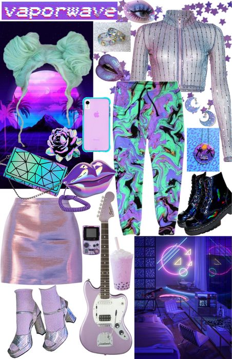 Synthwave Style Clothes, Vapour Wave Aesthetic Outfit, Vaporwave Clothing Aesthetic, Retrowave Aesthetic Outfits, Synthwave Aesthetic Fashion, Acidwave Outfit, Hyper Pop Aesthetic Outfit, Vapor Wave Aesthetic Outfits, Vaporwave Outfit Aesthetic