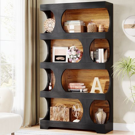 S-Shaped Etagere Bookcase, 4-Tier Wood Bookshelf, 71" Modern Decorative Display Shelf, Free-Standing Book Shelf For Living Room, Bedroom, Home Office Bookcase Freestanding, Bookshelves Design, Mini Shelves, Bookshelf Wood, Decorative Bookshelves, Unique Bookshelves, Bookcase Display, Tall Bookcase, Library Bookshelves