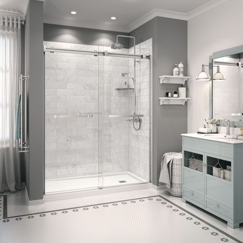 Scandi Bathroom, Acrylic Shower Base, Shower Sliding Glass Door, Bathroom Paneling, Sophisticated Bathroom, Shower Bases, Stunning Bathrooms, Shower Base, Shower Pan