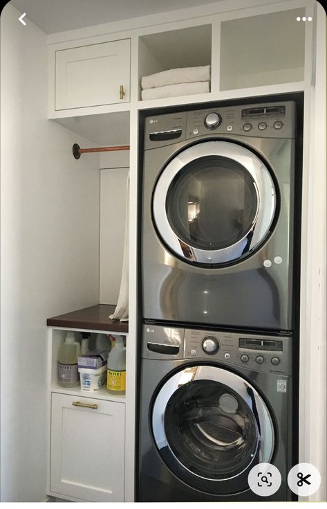 Narrow Stacked Laundry Room, Hallway Laundry Closet Stackable, Laundry Tower Cabinet, Laundry Room Closet Ideas Stackable, Stacked Laundry Small Space, Stacked Washer Dryer Laundry Room Small Modern, Stackable Washer Dryer Small Space, Stacked Laundry Closet Organization, Small Laundry Room Stackable Washer