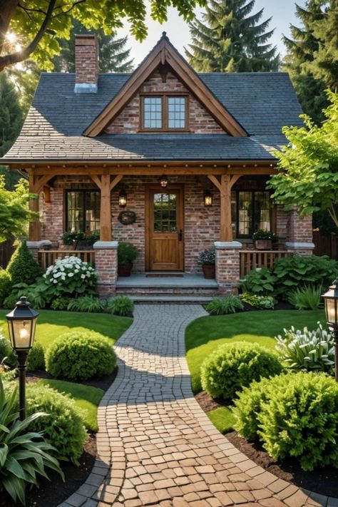 Small Brick Cottage Exterior, New Build Brick House, Houses Before And After, Tiny Brick House Exterior, Vintage Brick House Exterior, New England Brick House, Cute Small Brick House, Romantic Cottage Exterior, Brick Cabin House