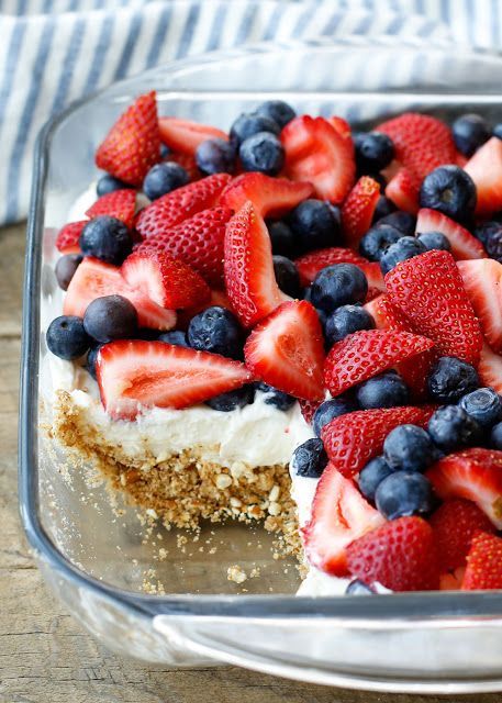 Crunchy pretzels and a creamy filling are topped with piles of strawberries and blueberries making this Berry Pretzel Dessert a favorite dessert for summer! get the recipe at barefeetinthekitchen.com 4th Of July Fruit Platter Ideas, Sweet Summer Snacks, Desserts To Make At Home, Pretzel Dessert, Memorial Day Desserts, Pretzel Desserts, Dessert For Summer, Strawberries And Blueberries, Pretzel Salad