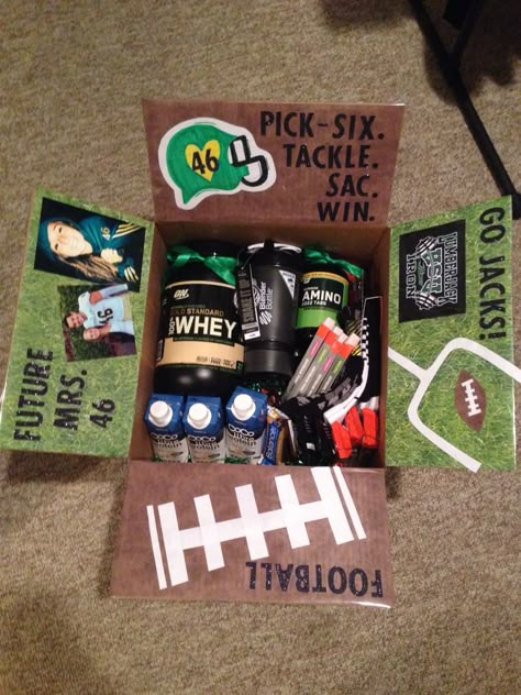 College Football Care Package                                                                                                                                                                                 More Football Care Package, Football Boyfriend Gifts, Football Gift Baskets, Football Player Boyfriend, Football Player Gifts, Football Girlfriend, Boyfriend Gift Basket, Football Ideas