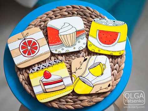 Handmade design for Tea Coasters on Behance Wooden Coasters Diy, Handpainted Coasters, Wall Hanging Ideas, Coaster Crafts, Coaster Art, Mdf Crafts, Hanging Ideas, Wood Art Projects, Paper Wall Hanging