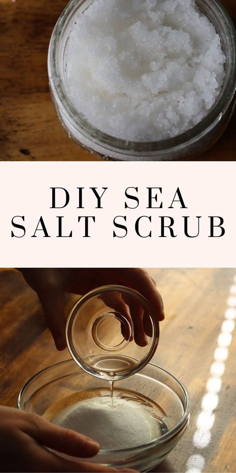 Sea salt scrub is a super easy 2 ingredient DIY that makes the perfect addition to your skincare routine! Make one for yourself and one to gift a friend! Sea Salt Body Scrub Diy Coconut Oil, Sea Salt Face Scrub, Hand Scrubs With Essential Oils, Sea Salt Skin Care, Salt Scrub Recipe Essential Oils, Body Salt Scrub Diy, Sea Salt Scrubs With Essential Oils, Sea Salt Scalp Scrub Diy, Epsom Salt Face Scrub