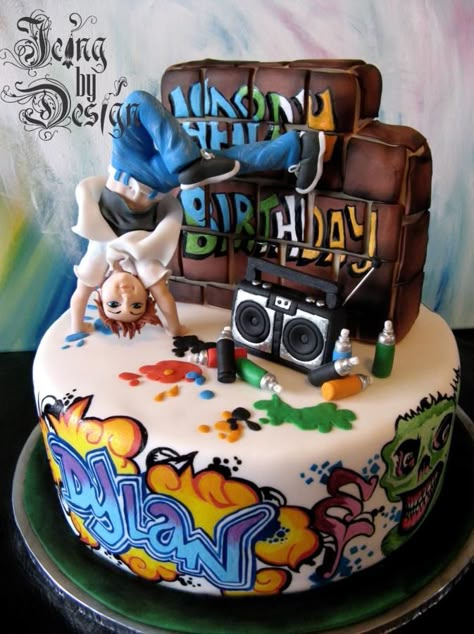 This cake took four hours to complete. I started painting eight in the evening and worked right through the night. The client gave a bunch of graffiti reference photo’s and I used them but changed the designs, colours etc. Everything is hand... Graffiti Cake, Dance Cake, Graffiti Party, Hip Hop Birthday, Dance Cakes, Teen Cakes, Birthday Cakes For Teens, Funny Birthday Cakes, Hip Hop Party