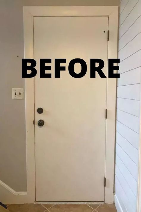 See how she gave her old plain interior door an update for cheap with this quick DIY door upgrade. How to add trim to interior door. Add Trim To Plain Door, How To Paint Old Doors, How To Add Trim To Doors, Update Plain Interior Doors, Hollow Core Doors Makeover, Update Flat Doors, Bedroom Door Update, Upgrade Hollow Core Doors, Painting Doors And Trim Different Colors