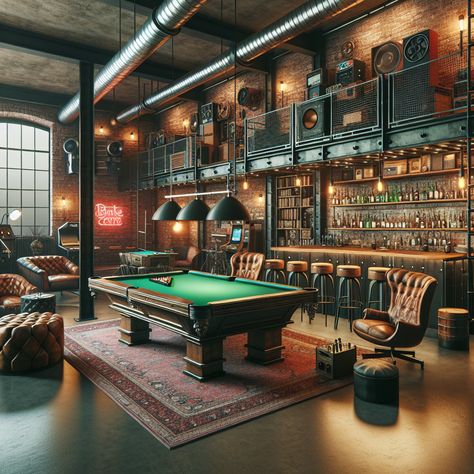 This masculine, urban-industrial pad boasts exposed brick, dark wood, and metal accents. Features include a sleek pool table, neon signs, stocked bar, jam stage, arcade games, and a library. Cozy lighting sets the mood. #MasculineDecor #UrbanIndustrial #ManCave #GameRoom #HomeBar #InteriorDesign Bar Games Room, Basement Pool Table, Masculine Bar, Bar Pool Table, Billiards Bar, Man Cave Living Room, Pool Table Room, Home Bar Rooms, Man Cave Room