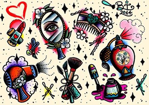 Hairstylist Tattoos, Flash Art Tattoos, Traditional Tattoo Flash Sheets, Tattoo Sleeve Filler, Tattoo Filler, Kunst Tattoos, Marvel Tattoos, Traditional Flash, Tattoo Flash Sheet