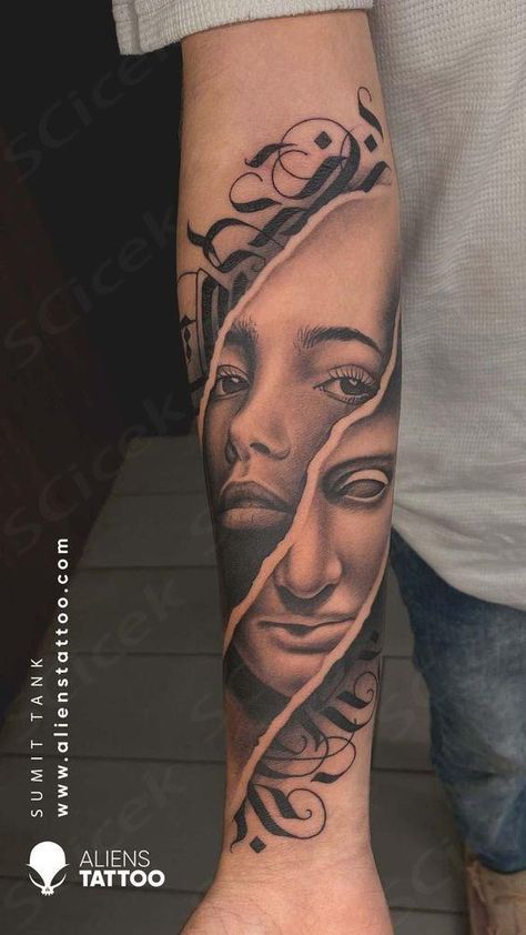 Take a look at this Super Stunning Double Exposure Hyper-Realistic Tattoo done by Sumit Tank (@sumit.tank.857) at Aliens Tattoo India DM us NOW to book your appointments with Sumit Tank at Aliens Tattoo India  ... daha fazla Best Black And Grey Tattoos, Realistic Tattoo Design Ideas, Double Exposure Tattoo, Realistic Tattoo Ideas, Tato Realis, Realistic Tattoo Design, India Tattoo, Tato 3d, Aliens Tattoo