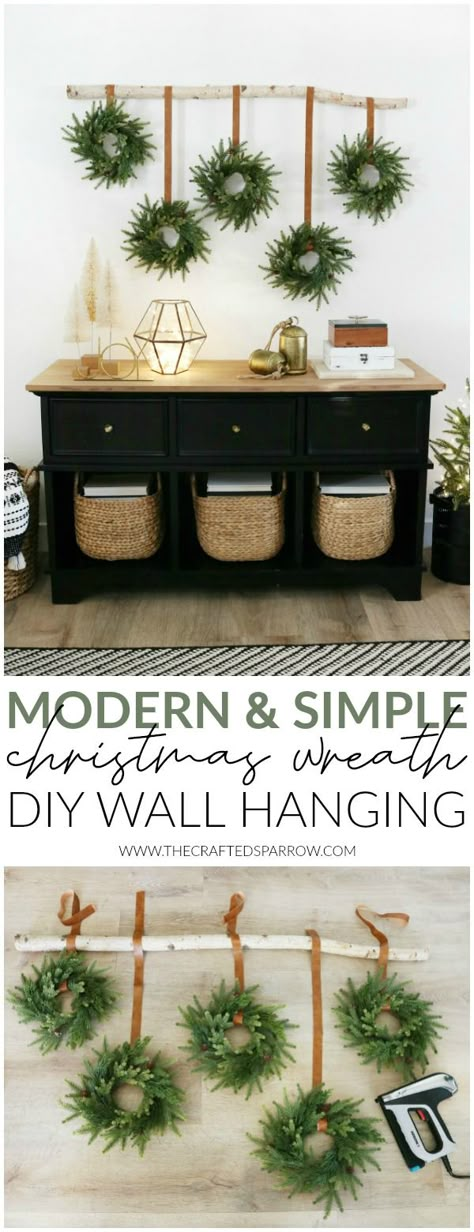 Wreaths On Wall Decor, Wreaths Hanging From Branch, Simple Boho Christmas Wreath, Wreath Wall Christmas, Wreath On Wall Decor, Wreath Hanging Ideas, Wreath On Wall, Simple Christmas Wreath, Christmas Wreath Wall