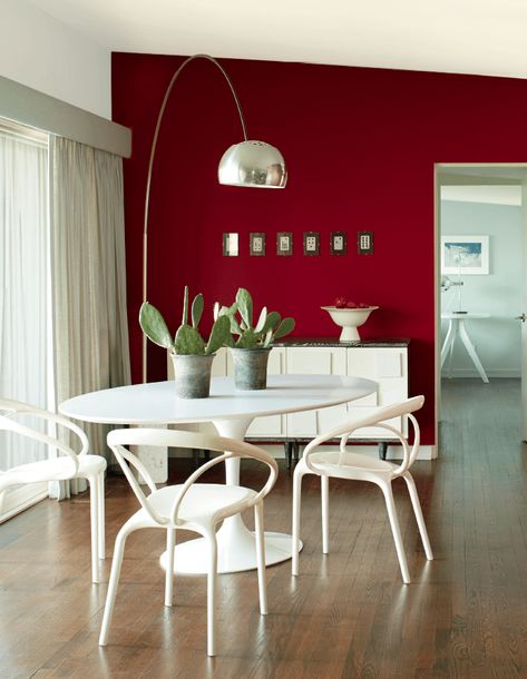 Dining Room Kitchen Combo, Red Feature Wall, Red Painted Furniture, Red Accent Wall, Red Living Room, Red Dining Room, Dining Room Paint Colors, Open Plan Kitchen Dining Living, Chic Modern Home Decor