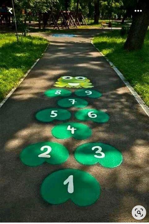 Cute Hopscotch Ideas, Playground Painting, Sensory Path, Preschool Playground, Kids Backyard Playground, Playground Flooring, Playground Games, School Wall Art, School Murals