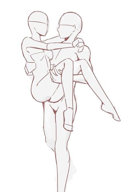 Bridal Style Carry Drawing Base, Couple Anatomy Drawing, 2 People Drawing Poses Couple, Holding Someone Drawing Reference, Anime Carrying Someone Reference, Character Holding Character Pose, Arms Around Neck Couple Pose Drawing, Couple Positioning Drawing, People Holding Things Reference