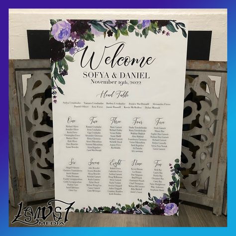 Elegant and classy, this floral Seating chart would make a beautiful addition to you Wedding day!Available as a print that you can frame as well as mounted on foamcore board so that it can sit on an easel!Email your guest list to lawstmedia@hotmail.comPlease ensure that your word or excel document has the names listed as you would like to be shown on the chart. ie. first name last name.*If using excel please list each full name (first and last) in one cell per guest rather than last name in ... Guest List Board, Floral Seating Chart, Purple Floral Wedding, Name Board, Wedding Ceremony Arch, Name Boards, Wedding Guest List, Name List, Ceremony Arch