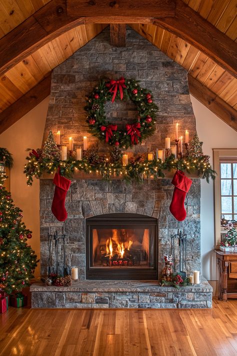 Christmas Stocking Fireplace, Christmas Stone Fireplace Decor, Stone Fireplace Christmas Decor, Stone Fireplace Christmas, Elegant Fireplace Decor, Christmas Lodge Decor, Fireplace Ornaments, Stone Fireplace Decor, Elegant Fireplace