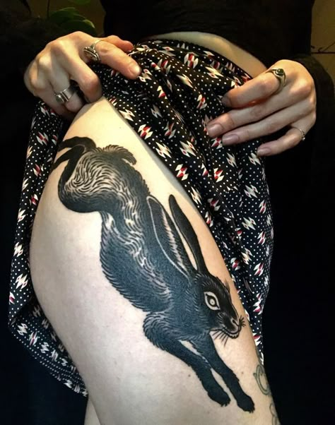 Blackwork Cover Up Tattoo Ideas, Jackrabbit Tattoo, Long Tattoo Ideas, Space Filler Tattoo, Watership Down Tattoo, Hare Tattoo, Jackalope Tattoo, Lower Stomach Tattoos, Rabbit Tattoo