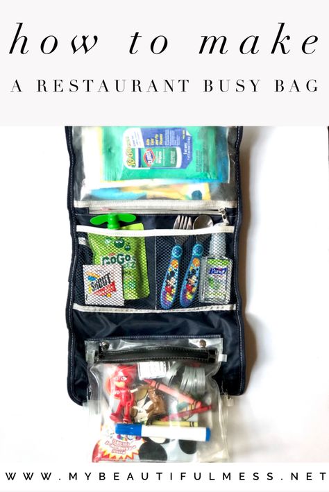 Has going out to dinner become a nightmare? Here is how to make a restaurant busy bag to tame your toddler while they wait for food. Restaurant Busy Bag, Restaurant Kids Activities, Kids Airplane Activities, Toddler Travel Essentials, Restaurant Kit, Hanging Cosmetic Bag, Painted Christmas Cards, Clorox Wipes, Struggle Bus