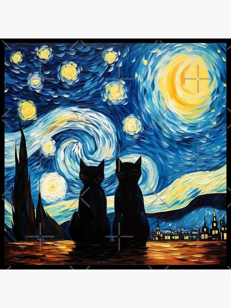 "Van gogh Inspired Starry Night Cat Painting" Art Board Print for Sale by Vangoholic Cats Canvas Painting, Starry Night Painting Ideas, Van Gogh Inspired Paintings, Canvas Painting Starry Night, Starry Night Inspired Art Paintings, Van Gogh Inspired Art, Kids Painting Class, Starry Night Small Canvas, Spooky Starry Night Painting