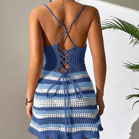 MODA ME COUTURE | Swim | Boho Striped Pattern Lace Up Back Cover Up Dress | Poshmark Cheap Fitted Beach Dress, Cheap Summer Beach Swim Dress, Crochet Twist, Twist Front Dress, Women Y2k, Dress Spaghetti, Knitted Dress, Cover Up Dress, Beach Dress