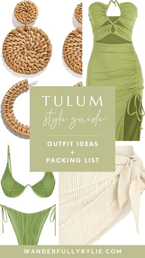 Tulum Packing List: What to Wear, Style Guide & Outfit Ideas | Wanderfully Rylie Tulum Outfit Inspiration, Tulum Style Clothing, Tequila Sunrise Beach Outfit, Tulum Inspired Outfits, Boho Two Piece Outfit, What To Pack For Tulum Mexico, Beach Birthday Outfit Ideas, Tulum Beach Club Outfits, Neutral Vacation Outfit