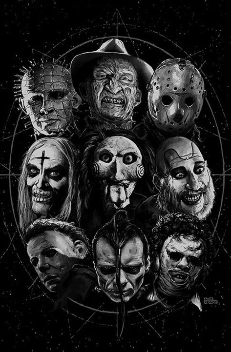 Cartoon Horror Characters, Horror Black And White, Villains Wallpaper, Horror Collage, Horror Movie Villains, Horror Black, Horror Ideas, Movie Villains, Horror Gore