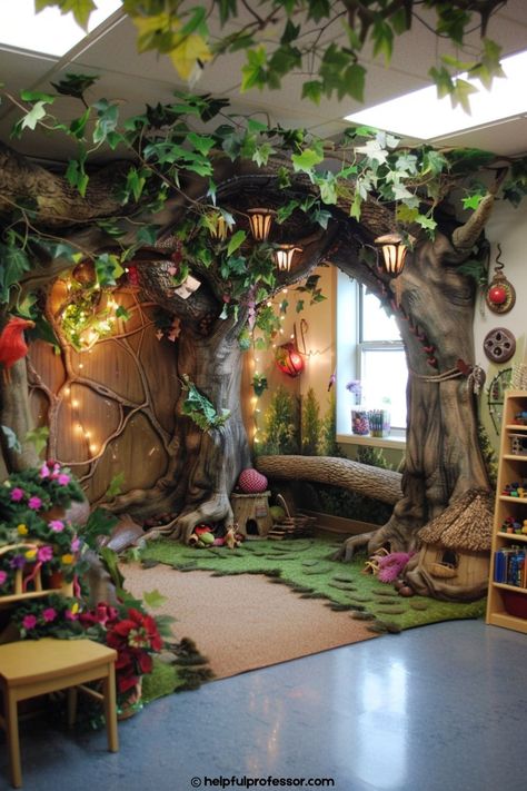 101 Classroom Theme Decoration Ideas (2024) Fantasy Themed Classroom, Fantasy Classroom Theme, Storybook Classroom Theme, Fairy Classroom Theme, Enchanted Forest Classroom Theme, Fairy Classroom, Cottagecore Classroom, Forest Theme Classroom, Library Makeover