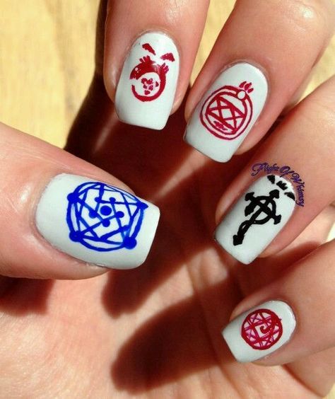 Anime Nail Art, Devils Trap, Anime Nail, Fma Brotherhood, Anime Nails, Short Nails Art, Painted Nails, Edward Elric, Full Metal Alchemist