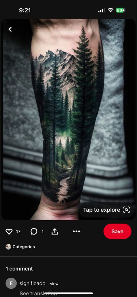 Wood Tattoo Design, Smoky Mountain Tattoo Ideas, Mountain Stream Tattoo, Calf Tattoo Men, River Tattoo, Wood Tattoo, Nature Tattoo Sleeve, Band Tattoo Designs, Nature Tattoo