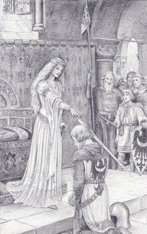 Merry People, Painting Together, Edmund Blair Leighton, The Accolade, Elf Drawings, John Howe, Maid Marian, Medieval Woman, Adult Coloring Designs