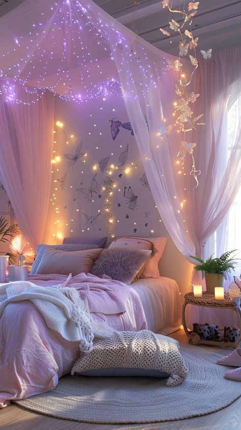 Cozy Fairy Bedroom Bedroom Ideas With Canopy Bed, Small Cozy Bedroom Ideas Fairy Lights Room Decor, Girls Fairy Bedroom, Fairy Vibe, Fairy Lights Room, Vibe Rooms, Fairy Bedroom, Small Bedroom Layout, Neon Lights Bedroom