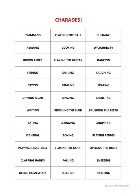 Charades! - English ESL Worksheets for distance learning and physical classrooms Charades Words, Charades For Kids, Charades Cards, Drama Activities, Charades Game, Activities For Children, Virtual Party, Classroom Games, Games And Activities