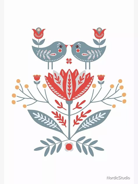 "Scandinavian Folk Art: Birds & Flowers" Poster for Sale by NordicStudio | Redbubble Folk Art Birds, Modern Folk Art, Arte Folk, Nordic Print, Modern Folk, Folk Art Flowers, Folk Design, Scandinavian Folk Art, Print Studio