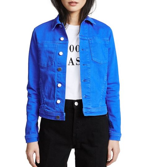 The Colored Denim Jacket Trend: Trust Us—It's a Thing via @WhoWhatWearUK Clear Color Code, Blue Denim Jacket Outfit, Kentucky Outfits, Orange Blazer Outfits, Blue Jean Jacket Outfits, Denim Jacket Trend, Denim Jacket Ideas, Music Outfits, Royal Blue Jeans