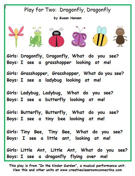 This play for two is great for a bug unit or group performance. See the kinder musical called In the Kinder Garden or other bug units at pinterest.com/susankhansen/ Language Enrichment Activities Preschool, Bug Unit Preschool, Insect Study Creative Curriculum, Insect Lesson Plans For Toddlers, Bug Songs Preschool, Bug Circle Time Activities, Insect Theme Preschool Activities, Insects Songs For Preschool, Mouse Songs For Preschool