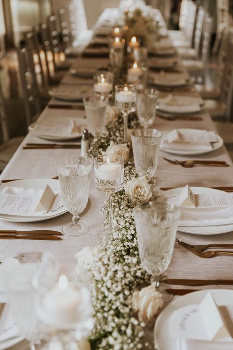 Wedding Table With White Tablecloth, Harvest Table Centerpieces Wedding, Timeless Simple Wedding Decor, Cream Theme Wedding, Long Table Wedding White Tablecloth, White Table Cloth Wedding Decor, Neutral Wedding Decorations Receptions, Neutral Wedding With Greenery, Wedding Table Settings Wooden Table