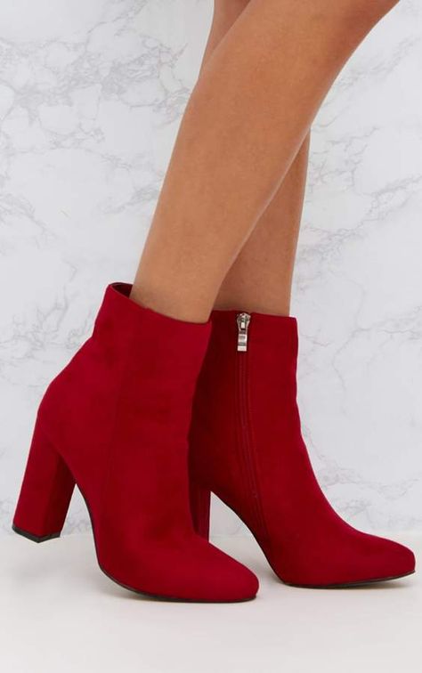 Red Faux Suede Ankle Boots Chrome Boots Outfit, High Heel Ankle Boots Outfit, Chrome Boots, Red Ankle Boots, Rain Boots Fashion, Black Thigh High Boots, Boots Outfit Ankle, Pink Chrome, Snakeskin Boots