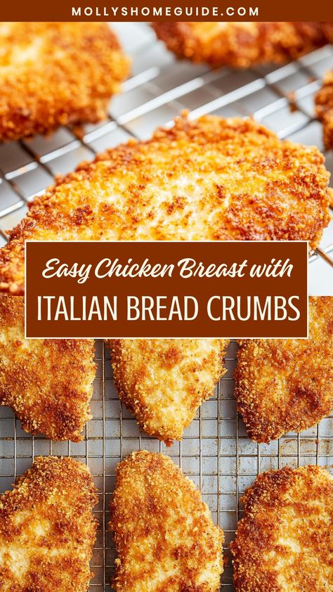 Indulge in a flavorful meal by making tender chicken breast with Italian bread crumbs. This classic recipe elevates ordinary chicken into a delicious and crispy dish that the whole family will love. The combination of juicy chicken breast and savory Italian seasonings creates a perfect harmony of flavors. Whether you're looking for a quick weeknight dinner idea or planning a special family meal, this recipe is sure to impress. Serve the chicken with your favorite sides for a satisfying and homem Best Chicken Breading Recipe, Baked Chicken Bread Crumbs, Bread Crumb Chicken Recipes, Chicken Breadcrumbs Recipe, Crumbed Chicken Meals, Italian Breadcrumbs Chicken, Breaded Chicken With Pasta, Breaded Chicken In The Oven, Simple Breaded Chicken Recipes