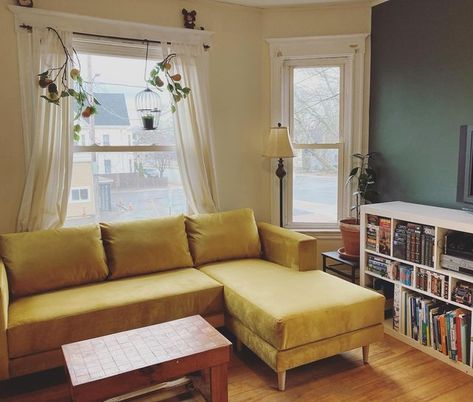 Couch Against Window, Yellow Sectional Sofa, Couch In Front Of Window, Sofa In Front Of Window, Yellow Sectional, Afternoon Sky, Upstairs Living Room, Yellow Couch, Swedish Apartment