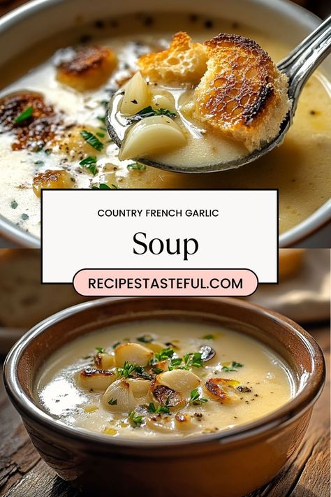 This comforting Country French Garlic Soup is a flavorful blend of roasted garlic, fresh herbs, and creamy textures, creating a rich and satisfying dish. Perfect for a cozy evening, this soup warms you from the inside out, offering a delightful balance of savory flavors that will leave you craving more. Country Garlic French Soup, Austrian Garlic Soup, Soup Course Fine Dining, Garlic Leek Soup, Garlic Bread Soup Recipe, Country Garlic Soup, Creamy Garlic Soup Recipe, French Garlic Soup Recipe, Garlic Soup Recipe Roasted