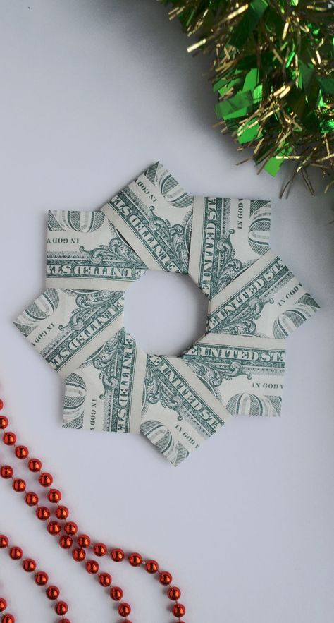 Money Christmas Wreath, Money Wreath How To Make A, Money Star Origami, Money Folding Ideas Christmas, Origami Money Christmas Tree, Christmas Money Origami Easy, Folding Money For Christmas, Money Wreath Gift Dollar Bills, Folded Money Gifts Dollar Bills