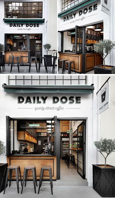 Andreas Petropoulos has recently completed the design of Daily Dose, a small takeaway coffee bar in the city of Kalamata, Greece, that features a white, black and wood interior. Black And Wood Interior, Bar Deco, Small Coffee Shop, Bar In Casa, Coffee Shop Interior Design, Design Café, Cafe Shop Design, Interior Vintage, Coffee Shops Interior